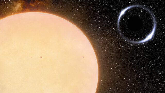 新发现的休眠黑洞（右上）与其绕转恆星（左下）的艺术假想图